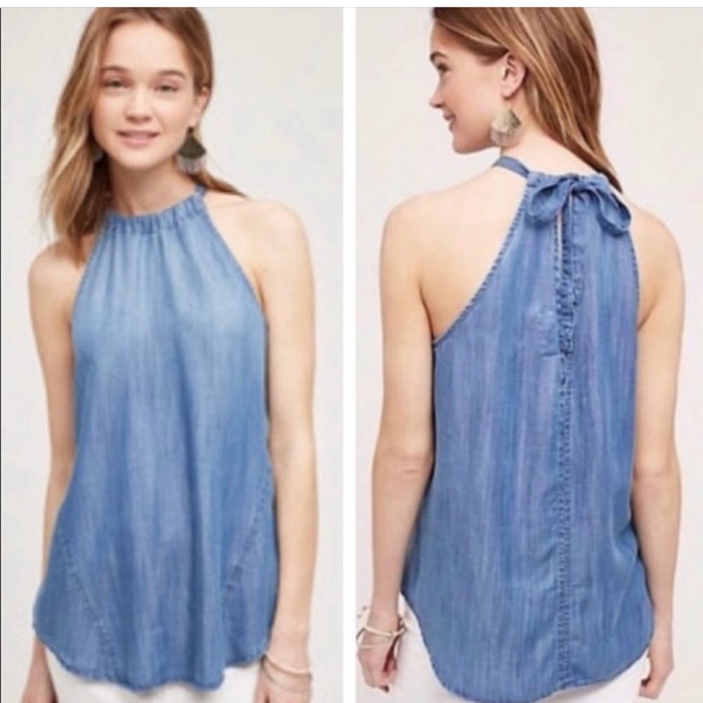 Anthropologie Cloth& Stone halter Tie Back tank Chambray blue Tencel top small